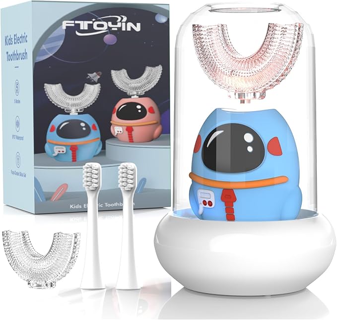 FTOYIN Kids Electric Toothbrush, U Shaped Toothbrush with 4 Brush Heads, Ultrasonic 360° Cleaning, 5 Modes, Smart 45s Timer, IPX7 Waterproof (Ages 2–12)