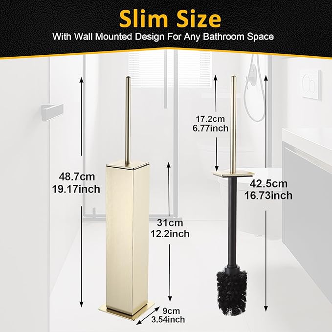 Toilet Brush and Holder Floor Standing, Brushed Gold with 2 Replaceable Heads, Bathroom Toilet Brush, Freestanding Toilet Bowl Brush with Removable Liner and Splash Guard, Modern Square Design