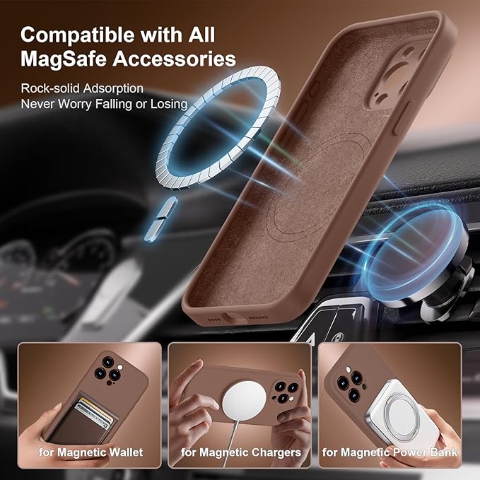 Magnetic for iPhone 15 Pro Case, Compatible with MagSafe, with 9H Nano Screen Protectors, Full Camera Protection, Silicone Shockproof Microfiber Lining Phone Case 6.1", Light Brown