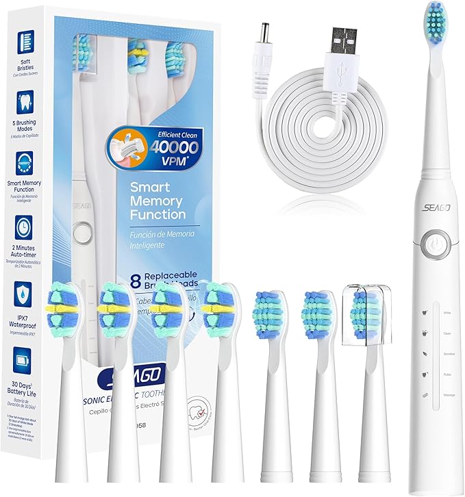 SEAGO Electric Toothbrush, Rechargeable Toothbrush for Adults Sensitive Teeth, 8 Brush Heads, 5 Modes with Teeth Whitening, Endurance 30 Days, Kids Electric Toothbrushes 6-12, SG-958(White)