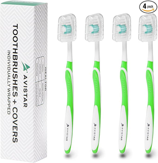 4 Pack Toothbrushes for Adults - Individually Wrapped Medium Bristle Toothbrushes with Covers - Green - Convenient & Affordable Dental Care for Travel, Hotels, Airbnb, Missions & More