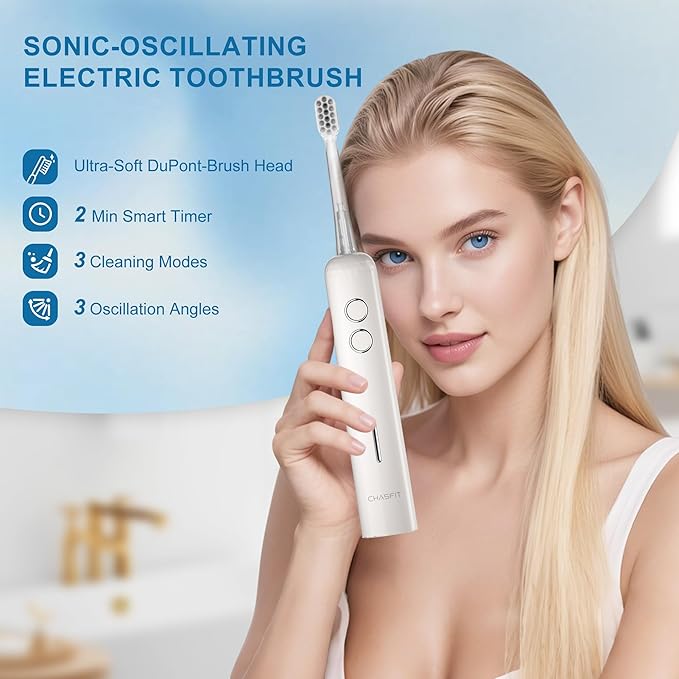 Electric Toothbrush Wave Oscillation & Vibration Sonic Tooth Brush for Adults BASS-Brushing Technique Travel Rechargeable Toothbrushes 4 Soft Bristle Replace Heads IPX7 Gifts for Men Women White