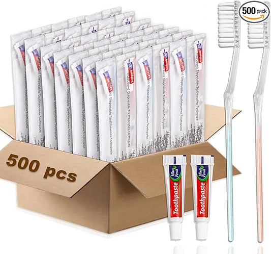 HQSLsund 500 Pcs Disposable Toothbrushes With Toothpaste, Individually Wrapped Bulk Soft Bristle Manual Travel Toothbrush Kit