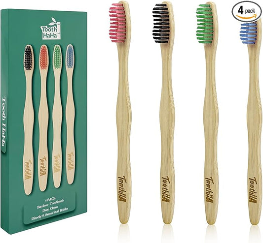 Bamboo Toothbrushes, Medium Bristles BPA-Free Bristles Toothbrushes for Adults - Eco-Friendly, Natural Wooden Toothbrush 4 Pack