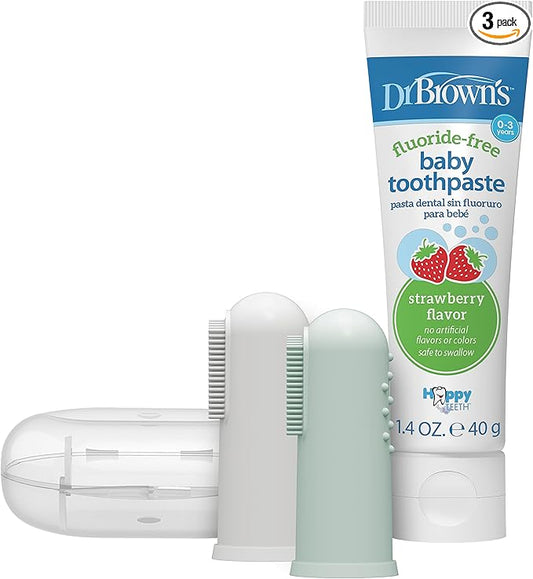 Dr. Brown's 100% Silicone Baby Finger Toothbrush and Toothpaste Set, 2-Pack Toothbrush with Storage Case, Fluoride-Free Strawberry Toddler Toothpaste, Gray & Light-Green