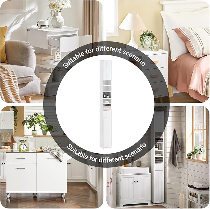 SoBuy Tall Narrow Storage Cabinet, Skinny Bathroom Cabinet with Adjustable Shelves Slender, Anti-Tipping Floor Standing Cupboard, Pinstripe White BZR160-W
