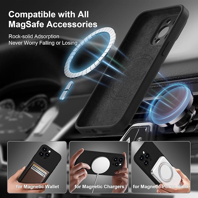 Magnetic for iPhone 15 Pro Case, Compatible with MagSafe, with 9H Nano Screen Protectors, Full Camera Protection, Silicone Shockproof Microfiber Lining Phone Case 6.1", Black