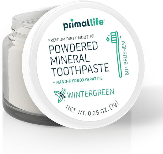 Primal Life Organics - Dirty Mouth Toothpowder, Tooth Cleaning Powder, Flavored Essential Oils with Natural Kaolin & Bentonite Clay, Good for 60+ Brushings, Organic, Vegan (Wintergreen, 0.25 oz)