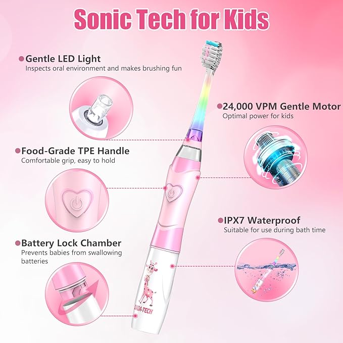 Kids Electric Toothbrush Toddler Toothbrush Age 2-4-8-12 Girls Electric Toothbrush with Timer Rainbow LED Light Up Vibrating Toothbrush Battery Operated Childrens Sonic Tooth Brush (Pink Giraffe)