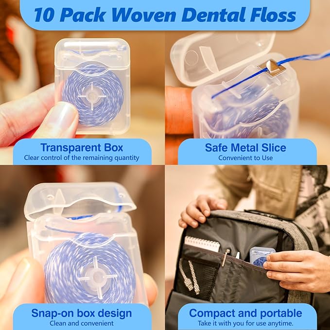Woven Dental Floss, Expandable Waxed Dental Floss for Gentle,Oral Care Whitening Dental Floss,Plaque Remover for Teeth, Kid-Friendly String Floss,Mint,10 Spools (32.8 yd Each)
