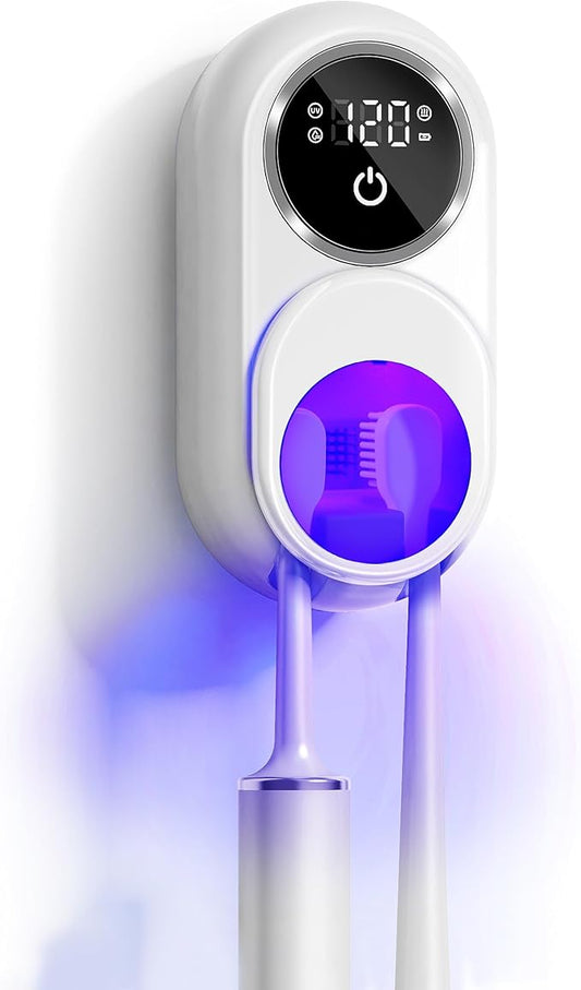 UV Toothbrush Sanitizer Holder 2 Slots (White): Wall Mount for Bathroom, Rechargeable, LED Smart Screen, Heated Fan Drying for Home/Travel