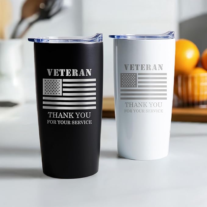 Lifetime Creations Veteran Tumbler - Engraved Veteran's Day Gifts with USA Flag for Veterans Day Event, Thank You for Your Service, Employees, Community Recognition (White, Holds 20 ounces)