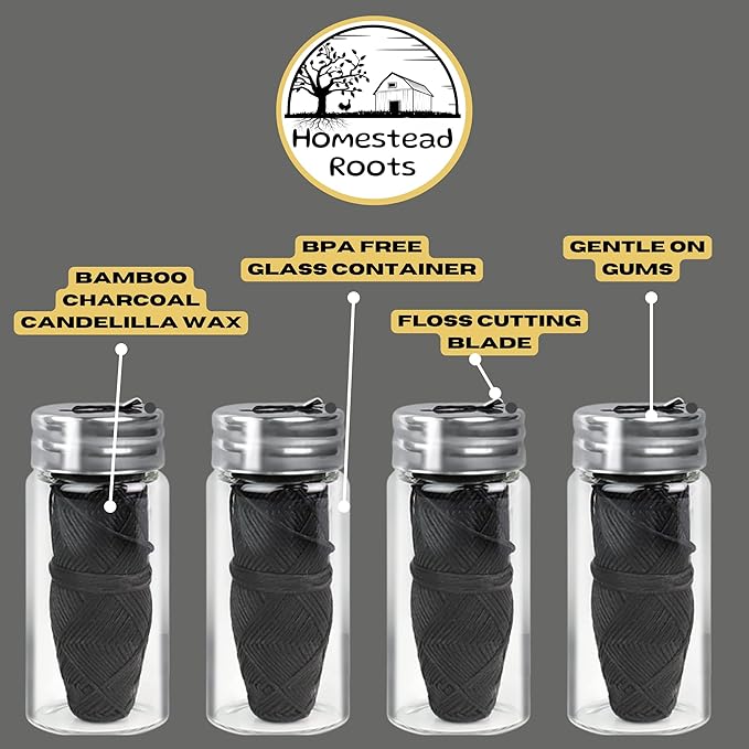 Natural Bamboo Dental Floss 4 Pack - Refillable Glass Containers (100 Feet Each) - Zero Waste, Vegan, Non Toxic, Extra-Strong Charcoal-Infused Floss