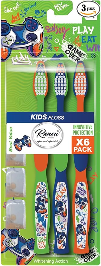 Kids Toothbrush with Travel Caps, Extra Soft Bristles, Dinosaur Theme, Manual, Ages 3-10, Pack of 3 (Play Eat Win, 1 Pack)