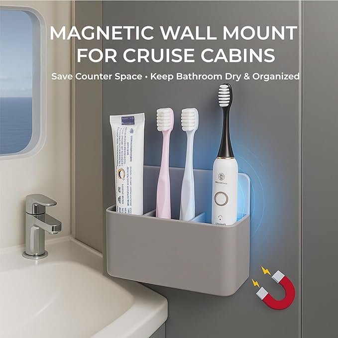 Magnetic Toothbrush Holder for Cruise Ship Cabin – Wall-Mounted Cruise Bathroom Organizer with 2 Removable Dividers & Towel, Cruise Essentials 2026 & Cruise Must Haves for Alaska & Caribbean Cruises