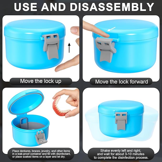 Denture Bath Case, Leak Proof Denture Cup for Travel, False Teeth Container for Soaking Dentures & Retainer, Retainer Cleaner Case, Sky Blue + Silver Gray.