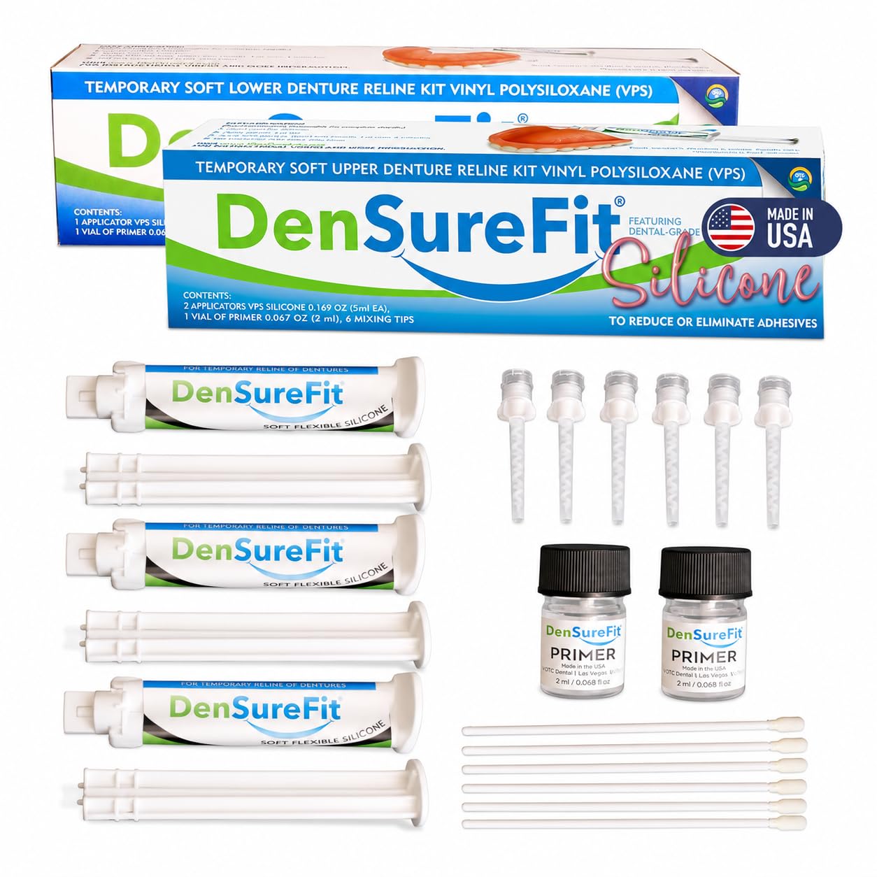 DenSureFit Upper and Lower Denture Reline Kit, Soft Silicone Denture Reliner Repair and Care Combo Kit with Extra Comfort Liner, Refit and Tighten for a Secure, Comfortable Fit