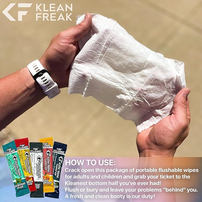 THE KLEAN FREAK FLUSHER - Flushable Wipes For Adults & Kids - 100% BIODEGRADABLE Individual Wrapped Travel WET Wipe for Toilet - Soothing Aloe & Witch Hazel - Alcohol Free 20 Pack - Spearmint Rush