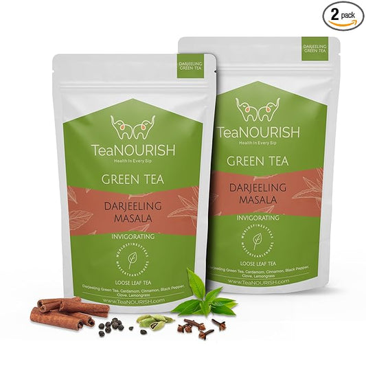 TeaNOURISH Darjeeling Masala Green Tea | Loose Leaves | Blended with Cardamom, Cinnamon, Black Pepper & Clove | 100% NATURAL | 50 Cups Hot or Iced Tea - 3.53oz/100g (Pack of 2)