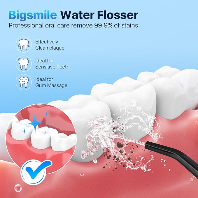 Bigsmile Water Flosser, Electric Oral Irrigator, USB Rechargeable, IPX7 Waterproof, Cordless Water Flosser, Effectively Maintain Oral Cleanliness and Health (Black and White)