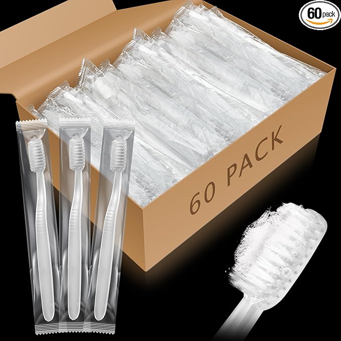 Tioncy 60 Pack Prepasted Disposable Toothbrushes Individual Wrapped Toothbrushes Soft Bristle Travel Toothbrush Single Use Wrapped for Hotel, Camp, Travel and Gift for The Homeless (White)