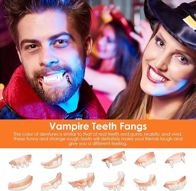 Genérico Vampire Teeth – Realistic Vampire Fangs, 12 Pieces Realistic and Washable Dentures for Horror Costume Parties Adults Children