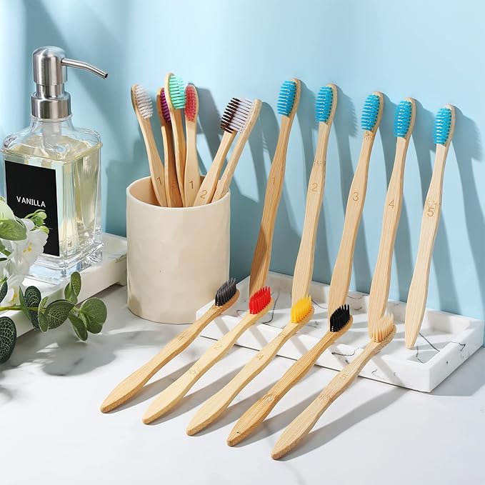 Sieral 120 Pcs 120 Pcs Bamboo Toothbrushes Bulk Soft Bristle Individually Wrapped Travel Toothbrush Eco Friendly Natural Wooden Tooth Brush for Kid Adult Home Travel Use, 7.5 Inch, 12 Colors (Number)