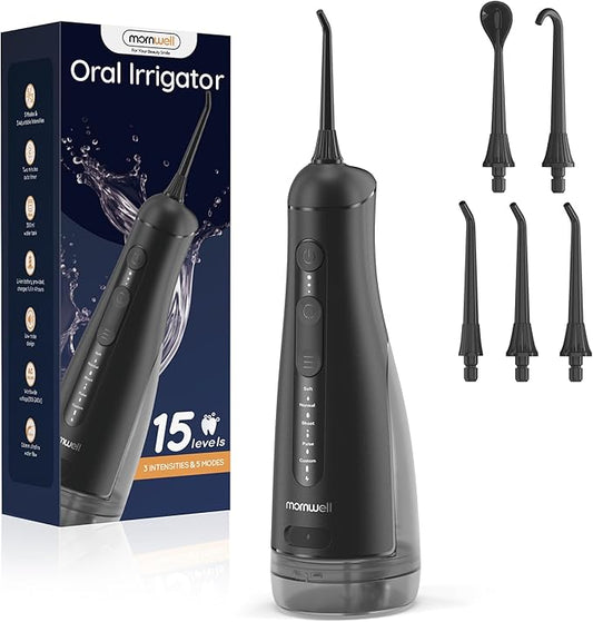 Mornwell Water Dental Flosser Cordless for Teeth Cleaning, 5 Modes Waterproof Oral Irrigator, 300ML Rechargeable Gum Braces Flossers Cleaner, Portable Electric Flossing Machine for Travel Home (Black)