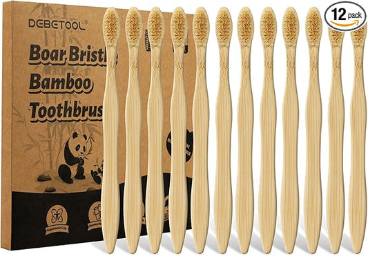 12 Pack Bamboo Toothbrushes - Natural Boar Bristle Toothbrush for Gum Health & Teeth Whitening, Wooden Organic Toothbrushes for Adults (Plastic Free)