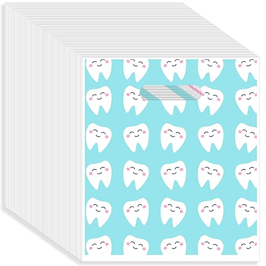 300 Pack Dental Bags, Tooth Patient Care Dental Bags, 9 x 8 Inches dental goodie bags, for Dental Clinics, Schools and Patient use (Happy Tooth Faces – Blue)