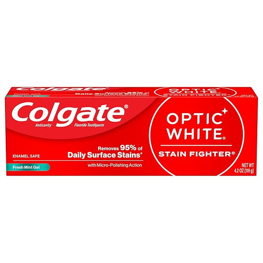 Colgate Optic White Stain Fighter Teeth Whitening Toothpaste, Anticavity Fluoride Toothpaste for Whitening Teeth, Helps Remove Daily Surface Stains, Fresh Mint, 4.2 oz