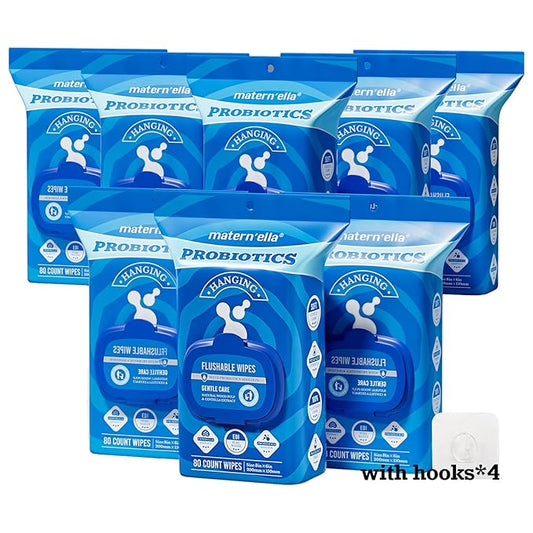 matern'ella Hanging Flushable Wipes Unscented Extra Large Corner-Connected Wet Wipes Adult Plant Based Fibers with Probiotics Alcohol Free Sewer Safe Butt Wipe Travel 8 Packs 640 Wipes
