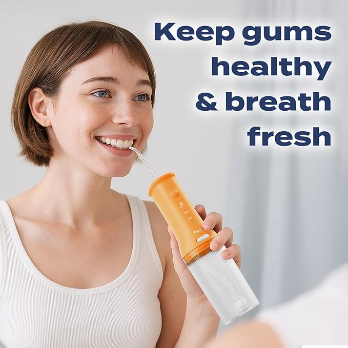 7AM2M Portable Cordless Water Flosser, Oral Irrigator with 3 Modes & 2 Tips, Fast Rechargeable, IPX7 Waterproof, Dental Water Flosser for Travel and Home Use (Orange)