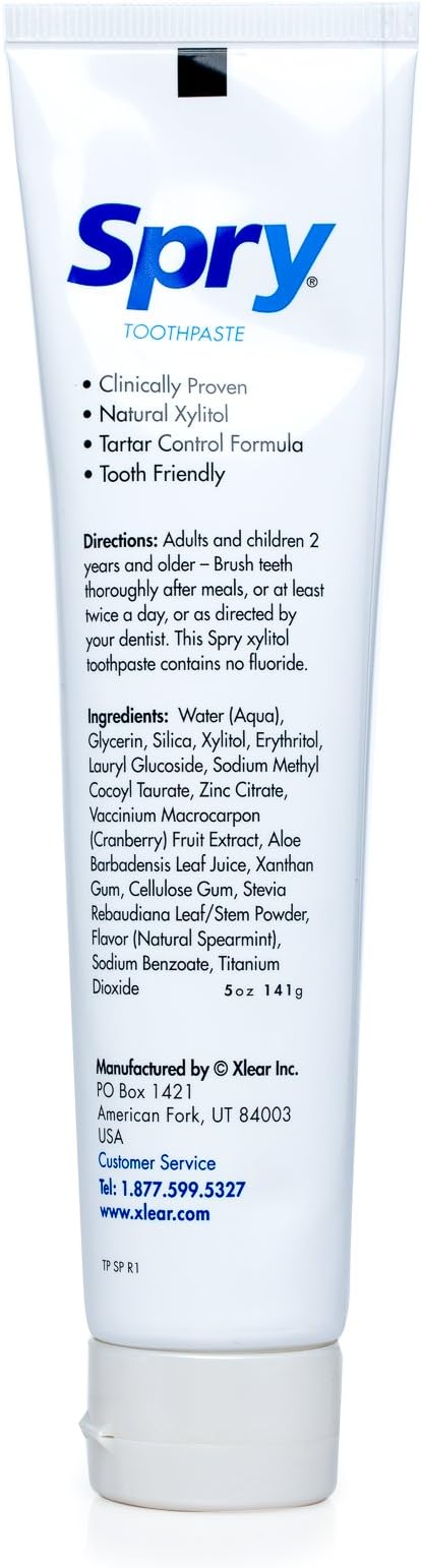 Spry Natural Xylitol Toothpaste 5oz for Adults and Kids - Fluoride Free, Gentle for Sensitive Teeth Whitening and Remineralizing, Breath Freshening, Mouth Moisturizing, Spearmint (Pack of 1)
