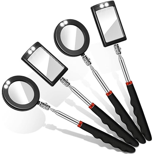 Tatuo 4 Pieces LED Mirror Inspection Telescoping Round Square Mirror Inspection Tool for Check The Condition of Vehicle, Observe The Eyelashes, Mouth and Other Small Parts