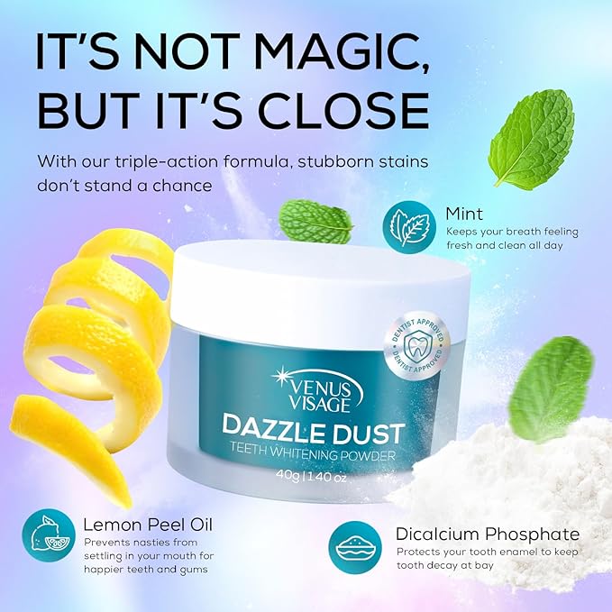 Venus Visage Dazzle Dust Teeth Whitening Powder - Enamel-Safe Toothpaste Powder for Stain Removal (40 g/140 oz)