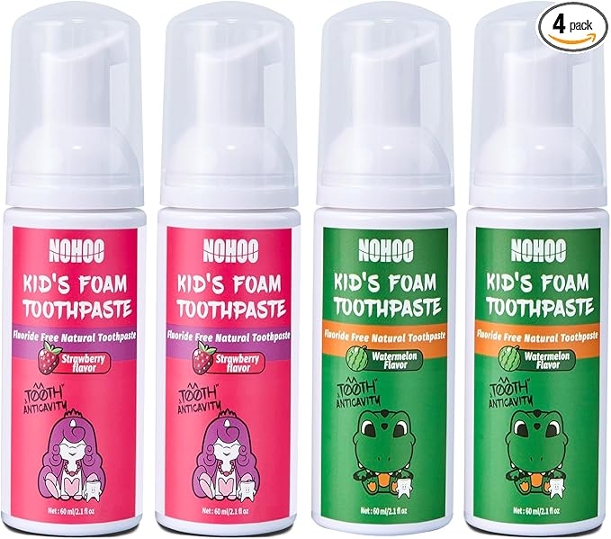 NOHOO Fluoride Free Foam Toothpaste Kids Fruit Flavour,Natural Training Toothpaste for Baby Toddler Children Oral Cleaning and Cavity Protection(2 Strawberry + 2 Watermelon)