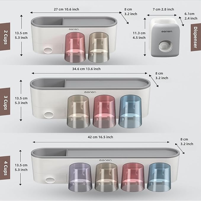 No-Drill Wall Mounted Toothbrush Holder, Bathroom Shelf, with 1 Automatic Toothpaste Dispenser 6 Brush Hooks Cups 1 Cosmetic Drawer Organizer and Large Storage (1 Dispenser + 3 Cups)