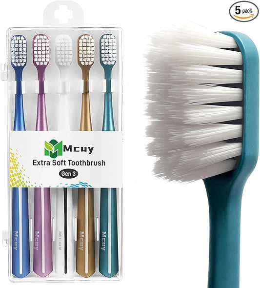 Ultra Soft Toothbrush for Adults Sensitive Teeth & Gums | Gentle Plaque Removal | Non-Slip Ergo Grip Toothbrushes with Travel Case, 5 Count