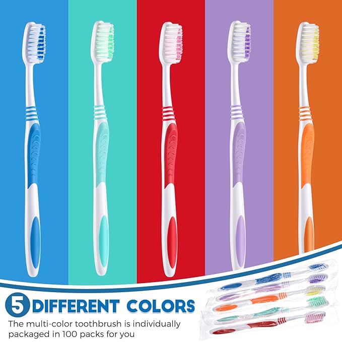 100 Pieces Individually Wrapped Toothbrushes Manual Disposable Travel Toothbrush Medium Soft Bristle Tooth Brush Travel Toothbrushes for Hotel, Guest, Adults, Kids, Multi Color