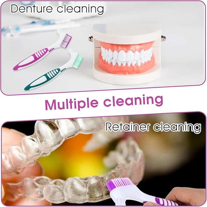 4 Pcs Denture Brush, Portable Denture Toothbrushes with White Carrying Case, Dual Angled False Teeth Care Cleaning Brush with Multi-Layered Soft Bristles (Purple, Green, Blue, Orange)