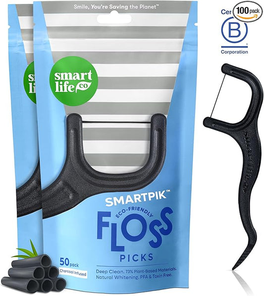 SmartLifeco Eco-Friendly Dental Floss Picks (100ct) - Flossers Made with Straw Wheat Blend, Natural Teeth Whitening, Tooth Pick Stick for Adults, Soft on Gums, Activated Bamboo Charcoal Floss Thread