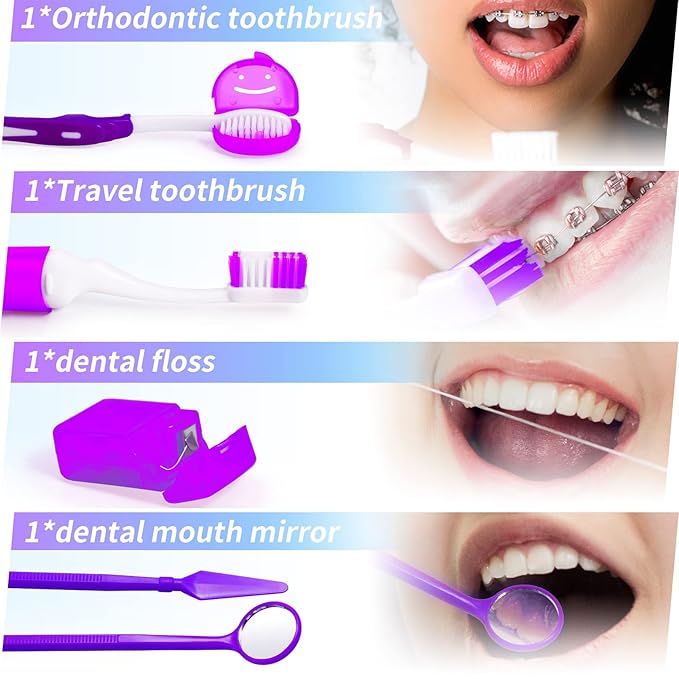 Annhua Braces Kit Cleaning Tools Boxed 8 Pack for Orthodontic, Portable Travel Dental Pick Tool Set for Braces, Interdental Brush, Ortho Wax, Floss, Oral Mirror Included - Purple