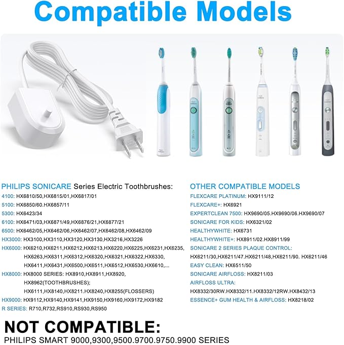 Vanjua Replacement Charger Base for Philips Sonicare Electric Toothbrush HX6100, HX9000 / HX8000 / HX6000 / HX3000 Series Portable Waterproof Travel Charging Power Cord (White)