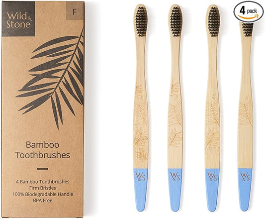 Wild & Stone | Firm Bristle Organic Bamboo Toothbrush | Four Handle Patterns | Firm Fibre Bristles | 100% Biodegradable Handle | Vegan Eco Friendly Bamboo Toothbrushes