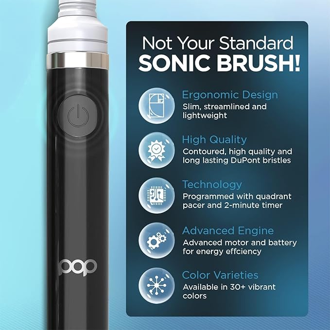 2-Pack Pop Sonic Electric Toothbrush (Metallic Rose & Black) - Travel Toothbrushes w/AAA Battery | Kids Electric Toothbrushes with 2 Speed & 15,000-30,000 Strokes/Minute, Dupont Nylon Bristles