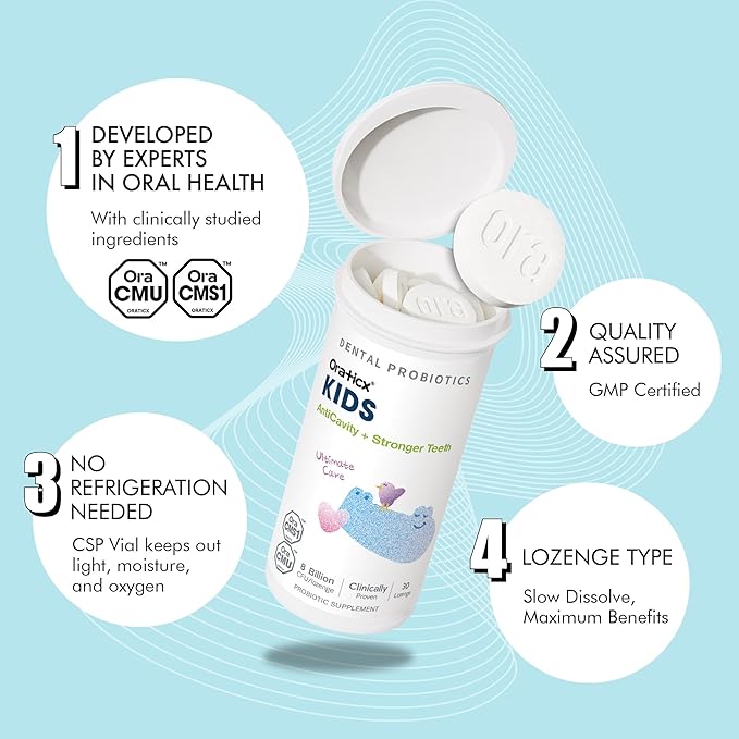 OraTicx Kids Dental Probiotics for Anti-Cavity + Healthy Teeth and Gums, 8 Billion CFU Probiotics for Oral Health, Yogurt Flavor 2-Pack