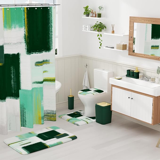 Bathroom Accessories Set - 25PC Bathroom Set with Shower Curtain and Rugs, Green Bathroom Set, Bathroom Accessory Set with Press-on Lid Trash Can, Soap Dispenser and Qtip Holders