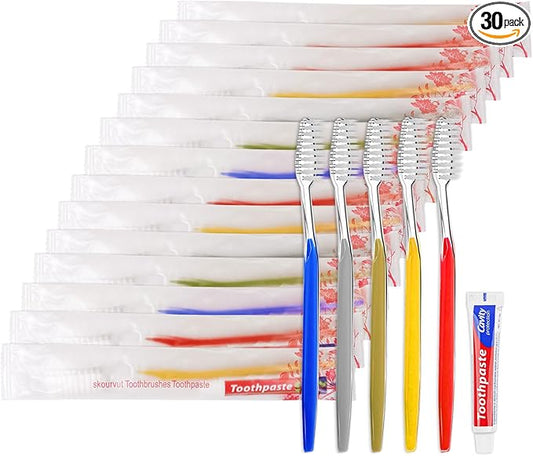 Disposable Toothbrushes with Toothpaste Individually Wrapped 5 Colors Bulk Toothbrush and Toothpaste 10g for Homeless,Shelter,Air Bnb/Hotel/Guest Apartment (30)
