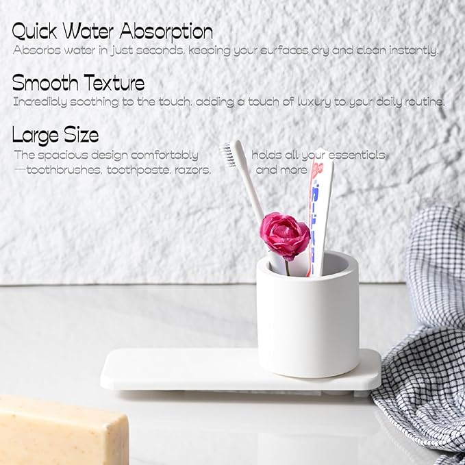 Large Matte White Diatomaceous Toothbrush Holder, Quick-Dry Water Absorbent Cylindrical Diatomite Organizer for Countertop, Ideal for Electric Toothbrushes, Toothpastes, Razors